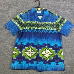 Malihini Hawaii Vintage Blue Green Geometric Tribal Print Barkcloth Aloha Shirt